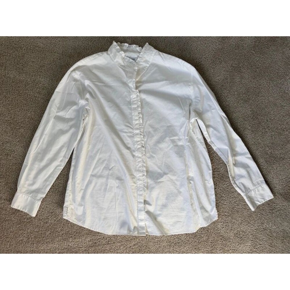 Crown & Ivy White Ruffle Button Front Blouse XL Cotton Stretch Workwear